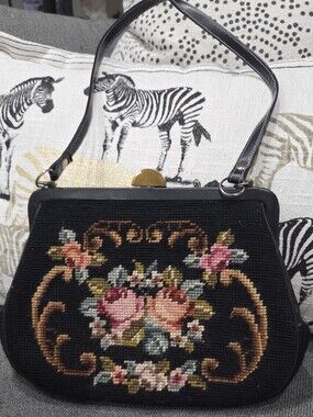 Vintage Floral Needlepoint Handbag - Black with Pink Rose Motif